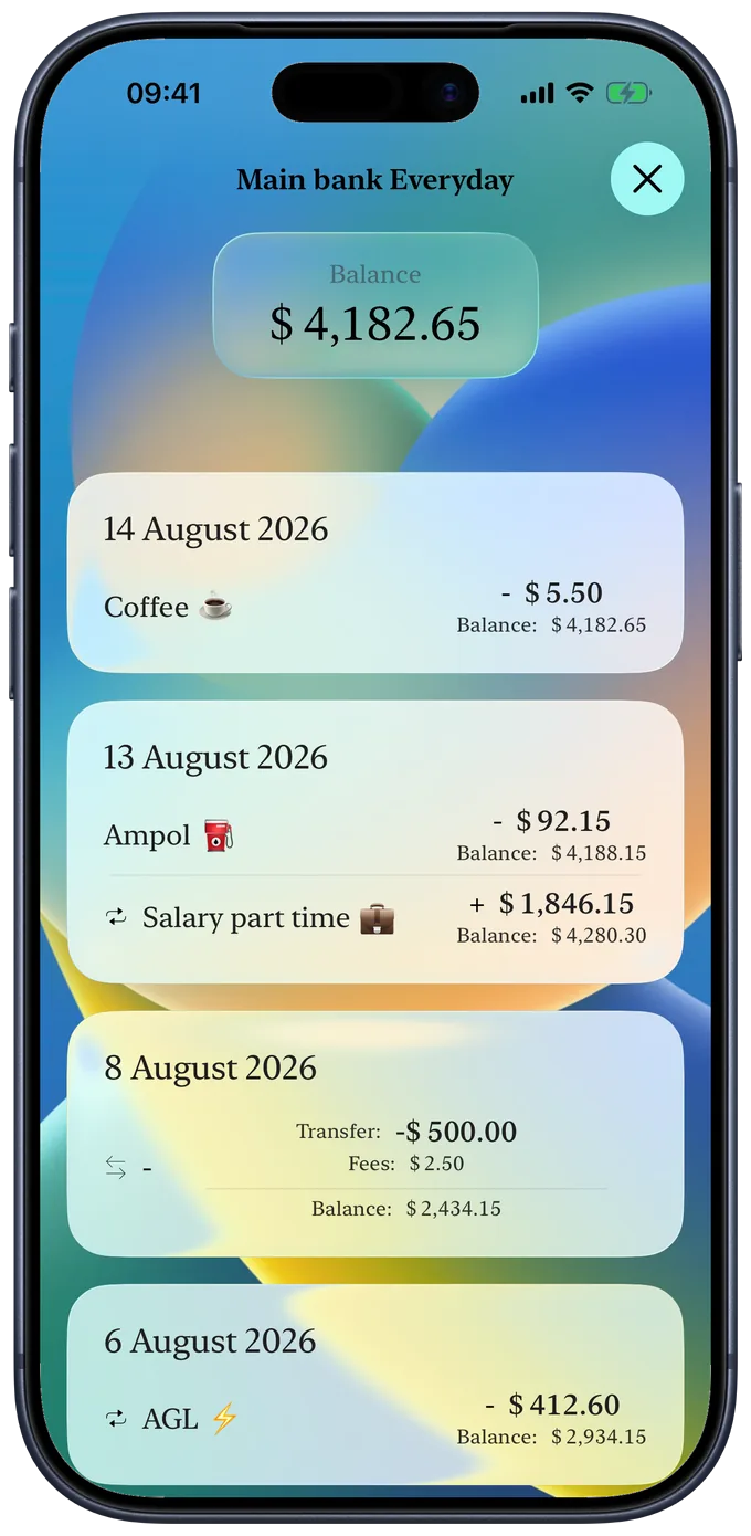 An account history: each payment with its date, merchant and the balance it left behind.