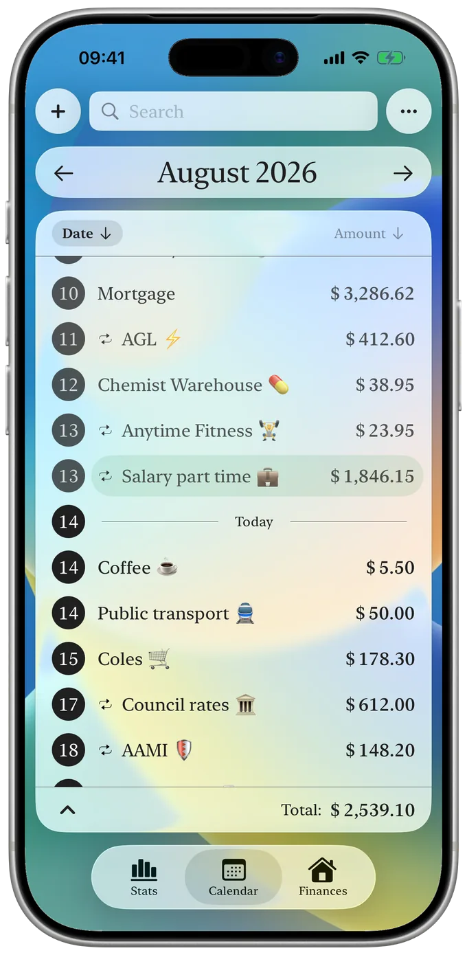 A month in the calendar. Repeating items are marked, today is highlighted, and the month totals at the bottom.