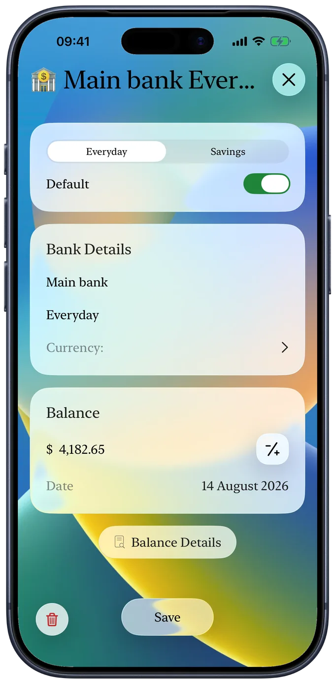 An everyday account with its balance set to $4,182.65 as at 14 August 2026, and a Balance Details button beneath it.