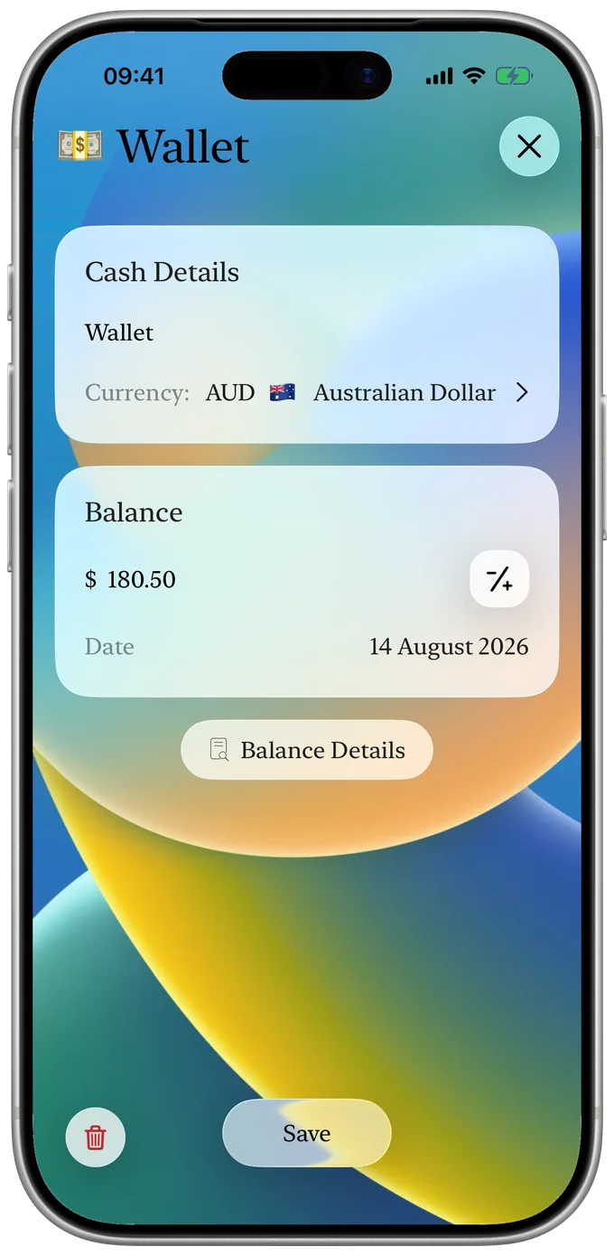 A cash account with its balance and the date it was last set.
