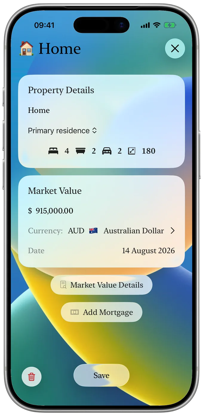 A property record with its rooms, floor area and market value.