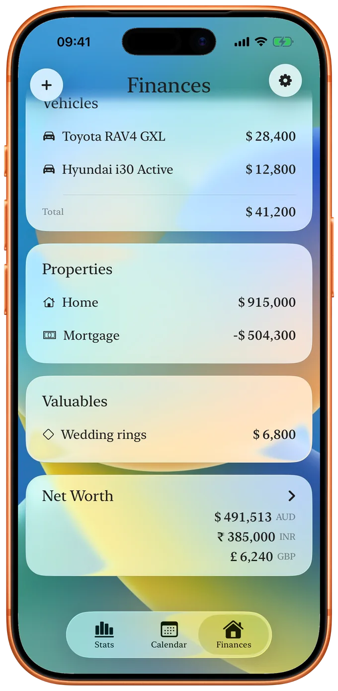 The Finances screen: two vehicles, a property with its mortgage, valuables, and a net worth card reading $491,513 AUD, ₹385,000 INR and £6,240 GBP.