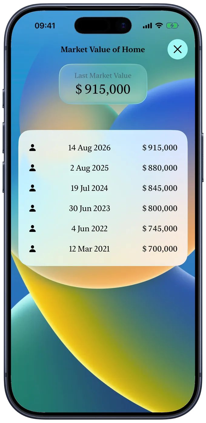 Market value history for a property, listing six valuations from March 2021 to August 2026.