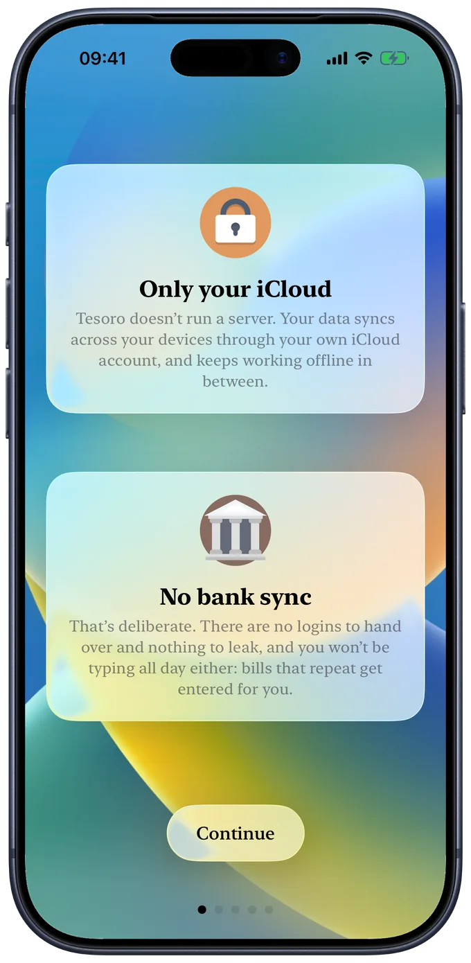 An onboarding card reading Only your iCloud, and a second reading No bank sync.