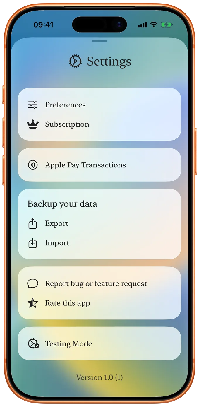 The Settings sheet, listing preferences, subscription, Apple Pay transactions and backup.